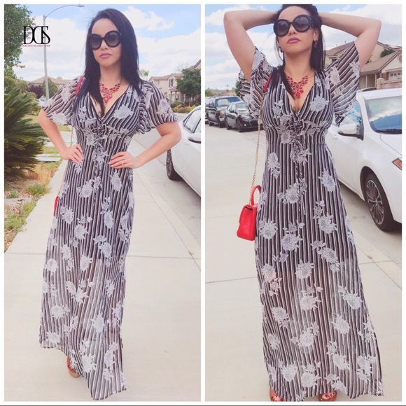 5 ⭐️ Bliss - Stripe + Floral Sheer Maxi Dress - Picture 3 of 7